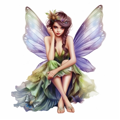 cartoon woman dressed as a fairy with wings and matching dress, kneeling, eyes focused on camera, full body, colors of green purple gold and blue, glamorous realistic and detailed, watercolor, white background with margins, clipart style