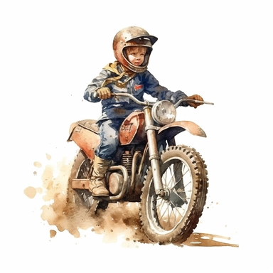 Vintage kids Dirt Bike with a kid riding it on dirt with helmet ,Watercolor,Clipart,Isolated, White background