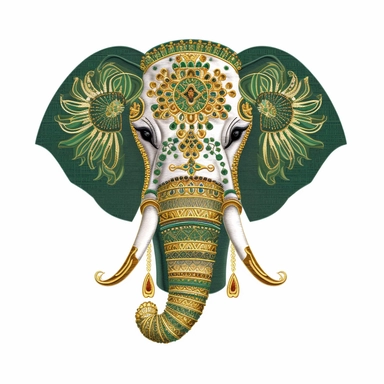 Flat illustration, Delicate embroidery depicts the head of traditional Chinese elephant head dance, with green and gold as the main colors, bright lighting, unimaginable details, a lot of negative white space, uhd, 16k,white background, clipart