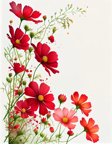 detailed vibrant watercolor red cosmos side corner border , isolated on white background, realistic, clipart