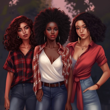 6 gorgeous african american women who are friends who are around 22 years old, preppy style dressed colors of deep red and white, with long curly black hair,digital art, 4k, hyper realastic, finely detailed, clipart, digital art,Use up the entire screen