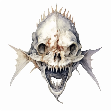 scary face of a demonic fish skull looking head on, watercolor, ultra high-detail, dark outlines, hyperrealism, white background, clipart