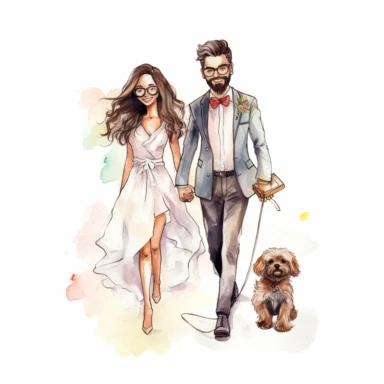 Watercolor clipart cute tall slim kawaii elegant groom wearing glasses with a beard walking hand in hand with a bride with long straight hair wearing glasses smiling , with a small shaggy dog on a leash