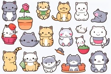 kawaii cat clip art images, in the style of kawaii charm, chilling creatures, cute cartoonish designs, clipart, vector, minimal, white background