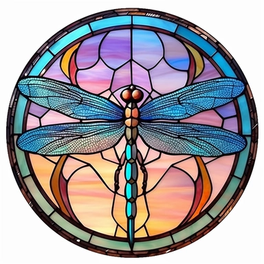 Vintage Cute Beautiful Colorful Round Faux Stained Glass Dragonfly Sublimation Clipart,Cartoon,hyper realistic, intricate detail, illustration style,high solution,on the white background