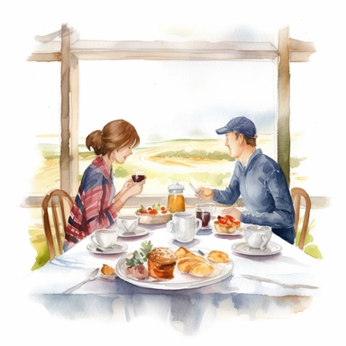 watercolor, hyper realistic, white background with margins, 8k, ultra detailed clipart people enjoying breakfast together, such as a couple, a family, or friends., by the window, countryside view