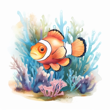 an enchanting watercolor clipart image with a white background and soft pastel colors, showcasing a cute clownfish hiding in an anemone, with its bright colors contrasting against the soothing hues of the ocean. The ultra-detailed, hand-drawn elements capture the interaction between the clownfish and its natural habitat. Use shades of orange, pink, and blue to create a visually appealing and serene image that conveys the symbiotic relationship and beauty of the ocean ecosystem.