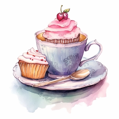 Clipart, Watercolor, Shabby Chic Tea Cup with saucer, sweets and cake out , light colors, hand-draw, texture