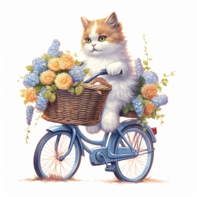 Create a clipart image of a calico cat riding a blue bicycle with a basket full of flowers on the back. Low detail. White background, soft lighting. In the style of Bob Ross