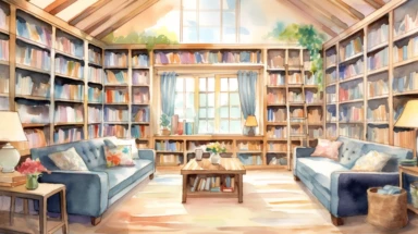 A captivating watercolor school clipart showcasing a cozy library within a school, filled with rows of bookshelves displaying a colorful array of books, a reading nook with plush cushions and a cozy fireplace, sunlight streaming through large windows, casting a warm glow on the pages, the delicate watercolor strokes capturing the tranquility and inspiration found within the world of books, Illustration, watercolor painting,