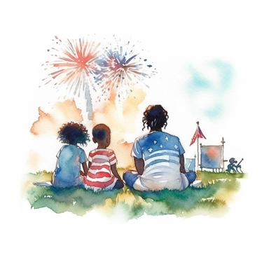 black family watching Fourth of July fireworks, sitting on blanket on grass, clipart, watercolor style, defined edges, white background