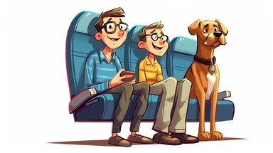 a companion dog looking very cute sitting between a blind man and an enthusiastic little boy in aeroplane seats of a commerical airline. The little boy is looking at the dog. Funny, cartoon, clipart style. No background. Isolated on white.