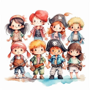 a stylized cartoon watercolor clipart illustration in a white background of a group of cute pirate kids