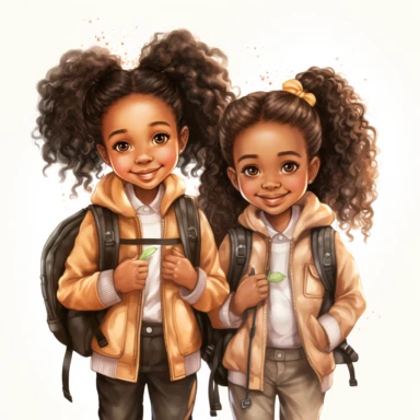 watercolor hand drawn ,Cute little African American girlschool , best friends ,with backpack and book, full body, Cartoon, Sublimation Clipart,illustration style, high solution, png transparent background, white background for removing background - - no text shadow font watermark