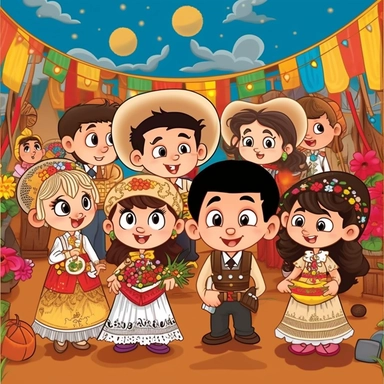 a wedding with several guests at a brazilian festa junina, happy, Monica's gang style, Graphics Maurício de Sousa, digital art, big eyes, cartoon, clipart , country girl from festa junina from brazil cute drawing