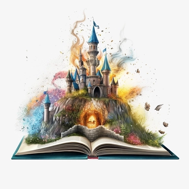 fairy tale castle coming out of the pages of an open book, fantasy, magic sparkling in the air, Fantasy Clipart, PNG Clipart, Illustration clipart, white background, vivid color, 4K, extremely detailed