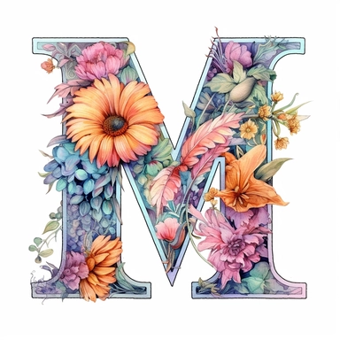 Pastel Vintage Flower Alphabet  M  Watercolor and ink Clipart, Cartoon, anime, hyper-realistic, high contrast, intricate detail, illustration style, high solution on the white background, M M M M M M M M M
