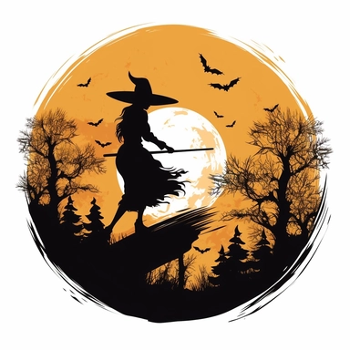 clipart a halloween witch flying on her broom silhouetted on a full moon, vector, white background, cartoon