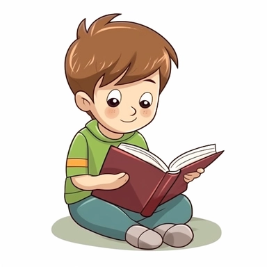 a boy reading a book, cartoon style, clipart, on white background