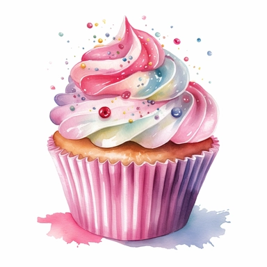 Clipart, watercolor, white background: A cupcake with frosting and sprinkles, a delicious treat often enjoyed on birthdays.