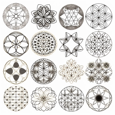 spiritual tattoos by henna, flower of life clipart, in three rows, the space between the items, thin lines geometric simple vector, 2D, white background