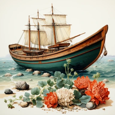 hand drawn , watercolor, hyper realistic, white background, white margins, 16k, ultra detailed clipart, cut out image, hand-drawn, ultra HD, sharp and clean art a vintage sea items, capturing the romantic aesthetics often associated with the ocean