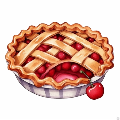 cherry pie drawing, illustration clipart, detailed, black outline, white background, digital art, watercolor