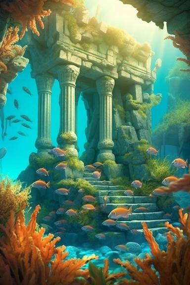 realistic clipart of enchanted underwater coral reef with ancient greek temple ruins tropical fishes within, digital painting