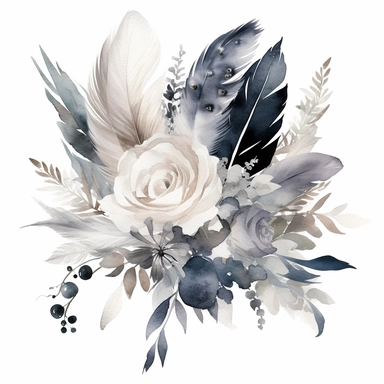 Watercolor dusty greay and white feathers bouquet clipart white background no text wedding style eligible for transparent background