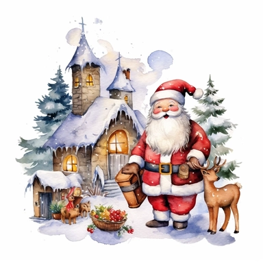 Snowman, santa claus, deer, christmas gnomes, sleigh, gifts, christmas decorations, christmas tree watercolor christmas clipart