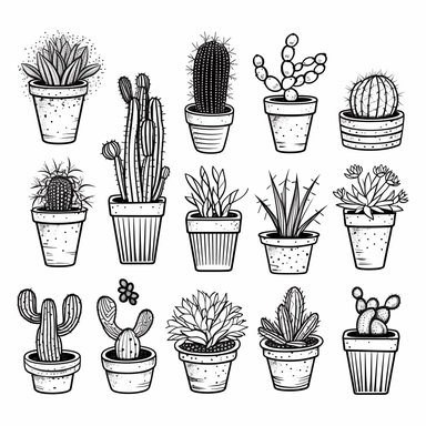 cute cactuses clipart, 2D , outline, black and white, coloring book for adults, no color, for kid, simple classic cartoon