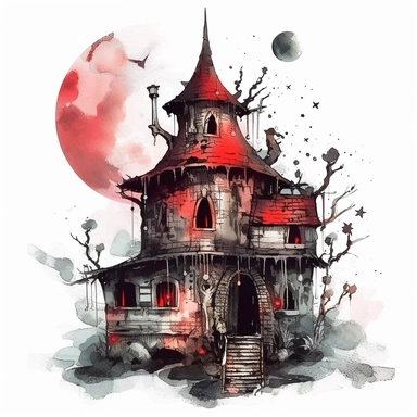 clipart watercolor creepy witch's house with crescent moon and stars, black and red color, style, fantasy, detailed, white background, illustration painting, collaged constructions, digital art, in the style of sculptural and geometric, forced perspective drawings, Geometric brushstrokes form an intriguingly abstract, painterly figure