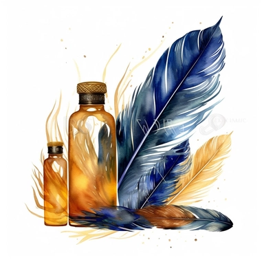 high level watercolor, hyper realistic, white background with margins, 8k, ultra detailed clipart, a bottle of phoenix feather quills, each feather emitting a warm, golden glow, midnight blue