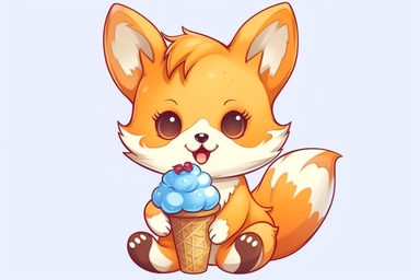 cute anime baby fox eating ice-cream clipart, surrounded by fruit, hd, on white background, spaced out