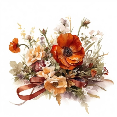a simple gorgeous wildflowers and flowers corsage with ribbon and greenery on white background clipart, Earthy tones of orange, brown, and deep red color theme, watercolor painting realistic, high quality, vibrant, Vicente Romero Redondo, Willem van Aelst, Elsa Beskow