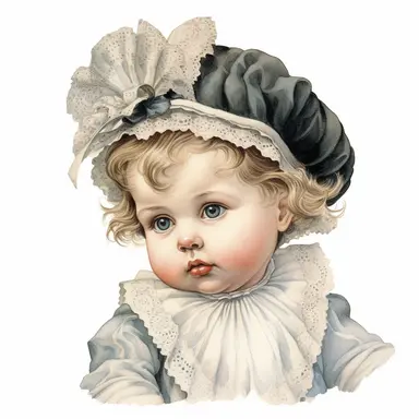 Victorian baby, Clipart, black outline, white background, colored pencil