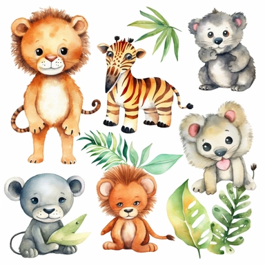 Watercolor baby jungle animals , illustrations clipart set, simple , cartoon elements, different variants , , separate elements with a margin