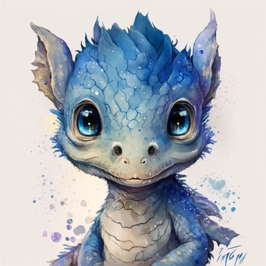 a watercolor painting of a Tiny cute adorable baby dragon looking directly into the camera and slightly smiling, dragon has little braid of hair in the centre, blue color with blue eyes, watercolor painted effect skin, intricate details, glass eyes, skip has watercolor painting effect, soft cinematic lighting, 8k, portrait, Pixar style character, pokemon anime style octane render, upper body only, inspired by Hanns Katz, logo, pastel colors, liquid cooled, 70's, clipart, chill out, retro, full b