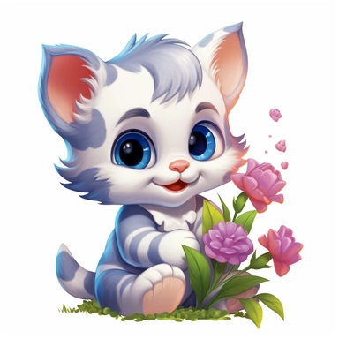 baby kitten playing with flowers, disney cartoon style, isolated white background, clipart
