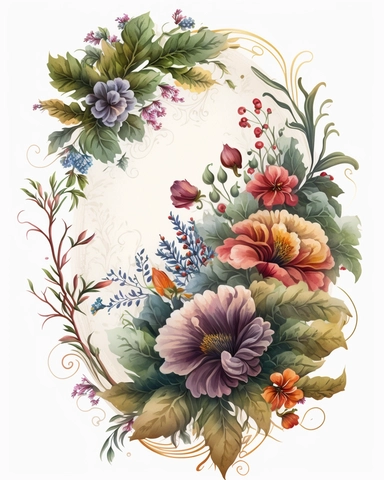 watercolor clipart. boroque flower scene. lush and full of vivid colors. 4k. intricate detail. swirling around center like a border