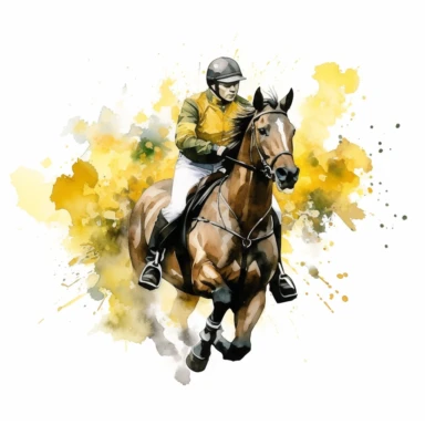 ace horse, with jockey, with yellow flowers water color, white backhround, clipart