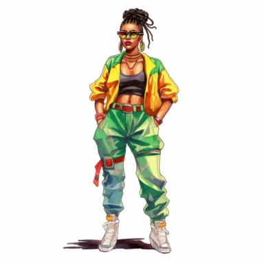 cartoon illustration of a cute black woman, watercolor, wearing nike air jordan shoes, wearing a green, yellow and red fly 90s outfit, large hoop earrings, sunglasses, clipart, white background