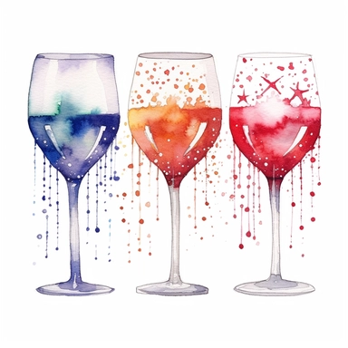 watercolor american patriotic set of three wine glasses clipart illustration, centred, vibrant colors, add fireworks display behind, on a white background, no watermark, no logo, no writing