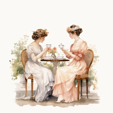 Watercolor clipart,Victorian Garden Party: Illustrate a sophisticated garden party with two sisters in flowing dresses, tables adorned with floral arrangements, enjoying tea and conversation, single design, james christensen style, single object, print on demand image, PNG transparent background, white background for removing background - - no text shadow font watermark, 8k