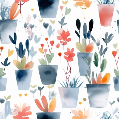 seamless pattern, colorful abstract pot plant, modern art, light blue colors, watercolor clipart, white background, minimalist, abstract, simplistic