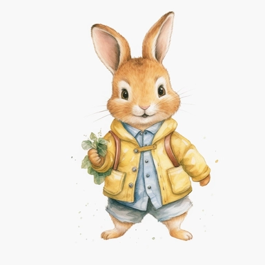 Watercolor svg clipart of a cute cartoon adorable Peter rabbit kawaii animal, illustration by Beatrix potter , pastel yellow jacket, png isolated on white background