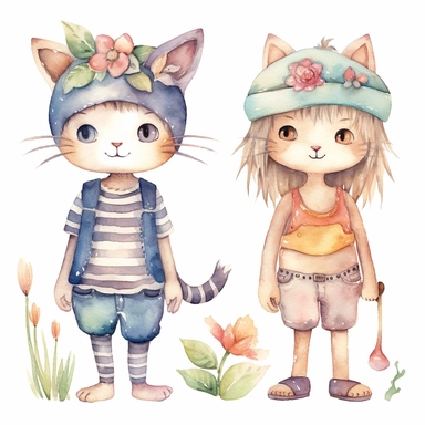 Watercolor boho boy and girl playing wth cat, illustrations clipart set, simple, soft colors, cartoon elements, different variants, cute little boy and girl with cat, separate elements with a margin,