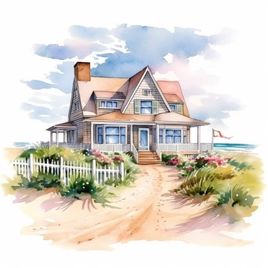 A watercolor clipart in the style of Bob Byrlwy of charming Nantucket beach house nestled among the dunes of a sandy shore, A set of Adirondack chairs