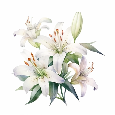 watercolor lily flowers and leaves clipart,tiny, long branches,hd, on white background, space out