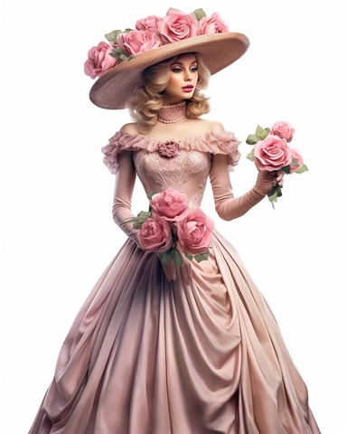 detailed beautiful lady standing up with vintage hat with pink roses dressed in a vintage dress, hyper realistic, 8k, isolated on white backgorund, clipart